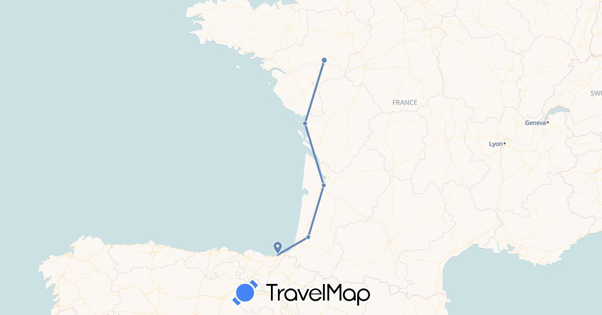 TravelMap itinerary: cycling in Spain, France (Europe)